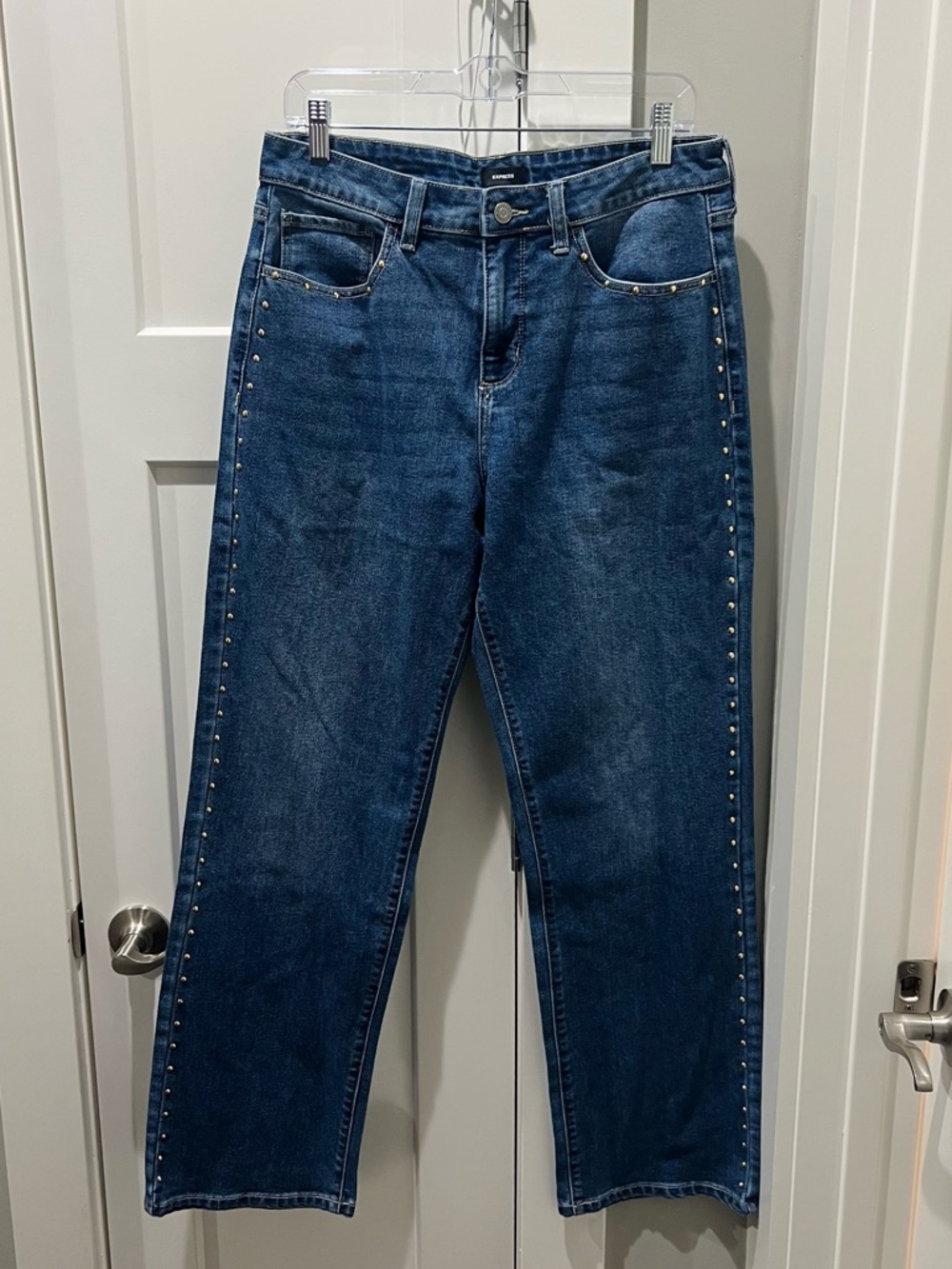 Express Dark Blue Straight Jeans with Gold Studs